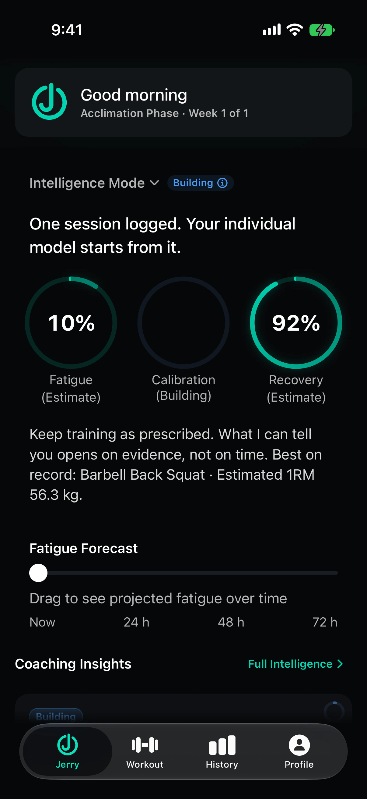 The OrderedStrength dashboard after one logged session. The badge reads Building, fatigue is 10 percent and recovery 92 percent, both marked Estimate, and the Calibration ring shows no number yet.