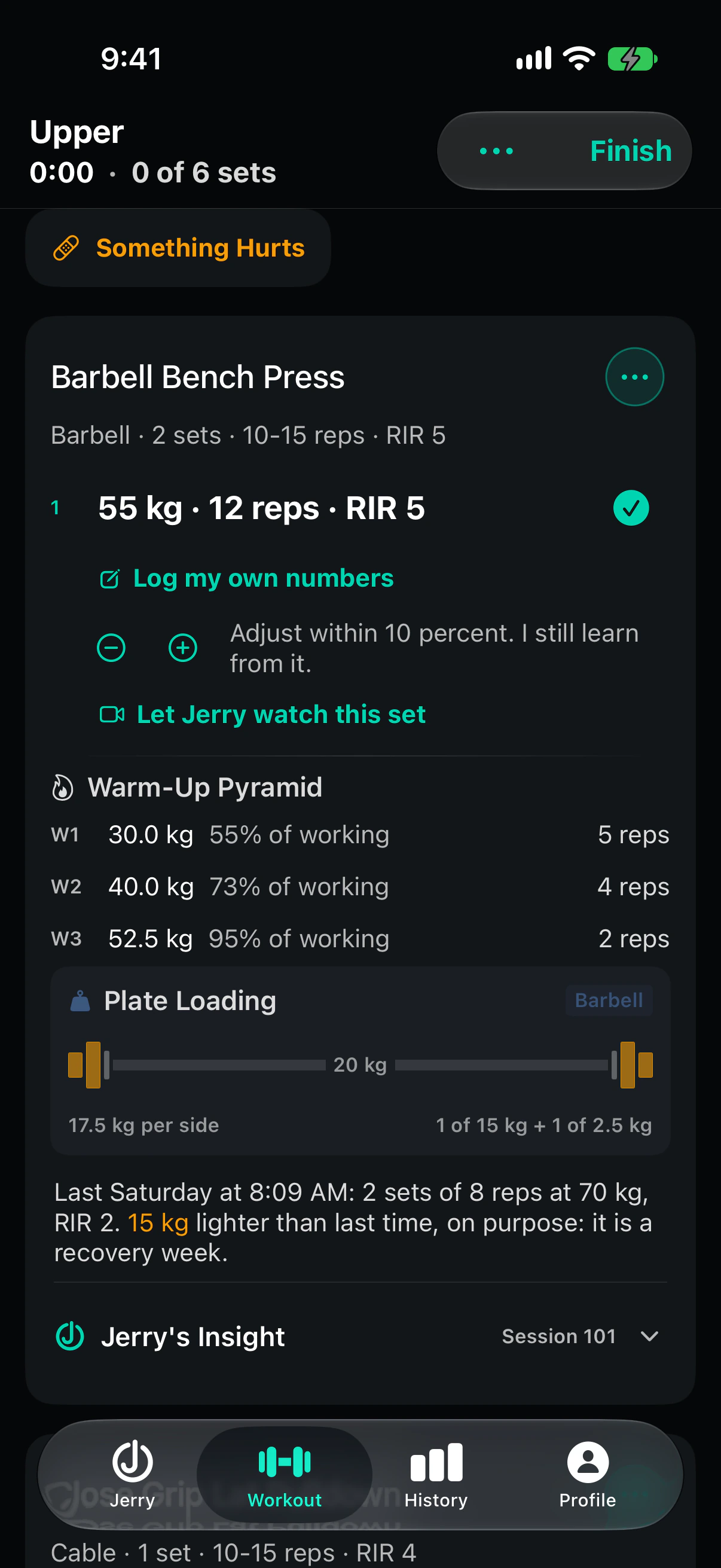 The workout console before the first set. The Barbell Bench Press card prescribes 55 kg for 12 reps at RIR 5, lists a three-step warm-up and the plates for each side of the bar, and says the load is 15 kg lighter than last time, on purpose, because it is a recovery week.